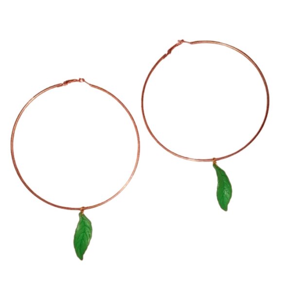Big Rose Gold Katta Leaf Charm Hoops Oversized Huge Hoop Earrings Green Leaves - Picture 1 of 6